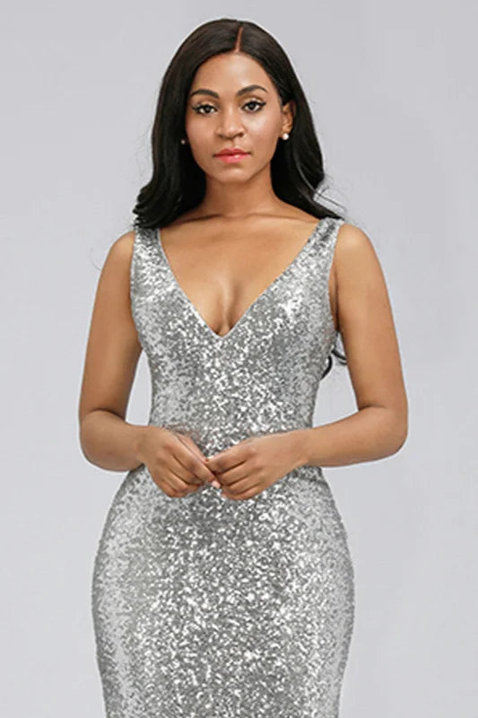 Silver V-Neck Sequins Mermaid Prom Dress Long Evening Party Gowns-BallBride