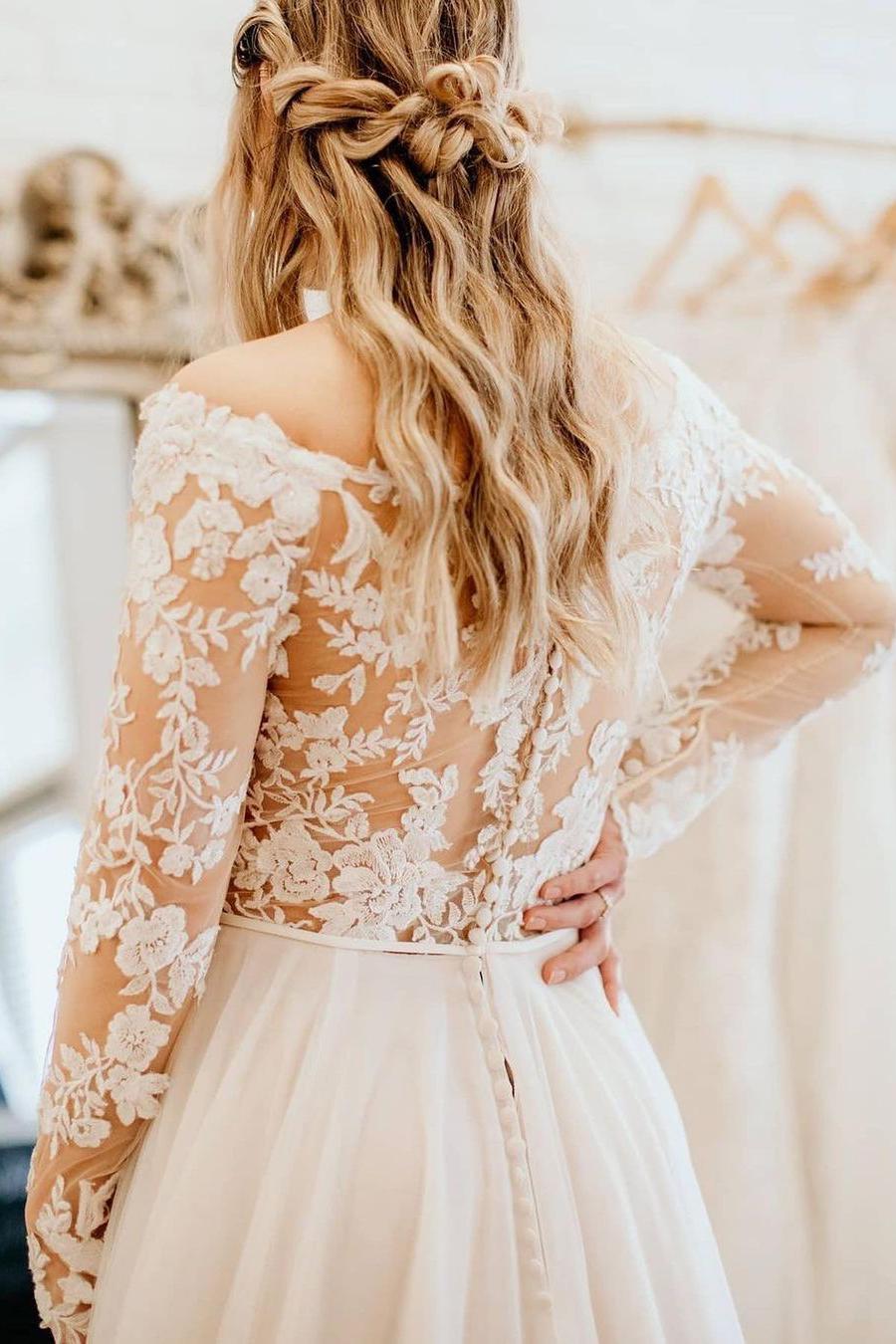 Simple A-Line Wedding Dress with Long Sleeves and Off-the-Shoulder Tulle & Lace-BallBride