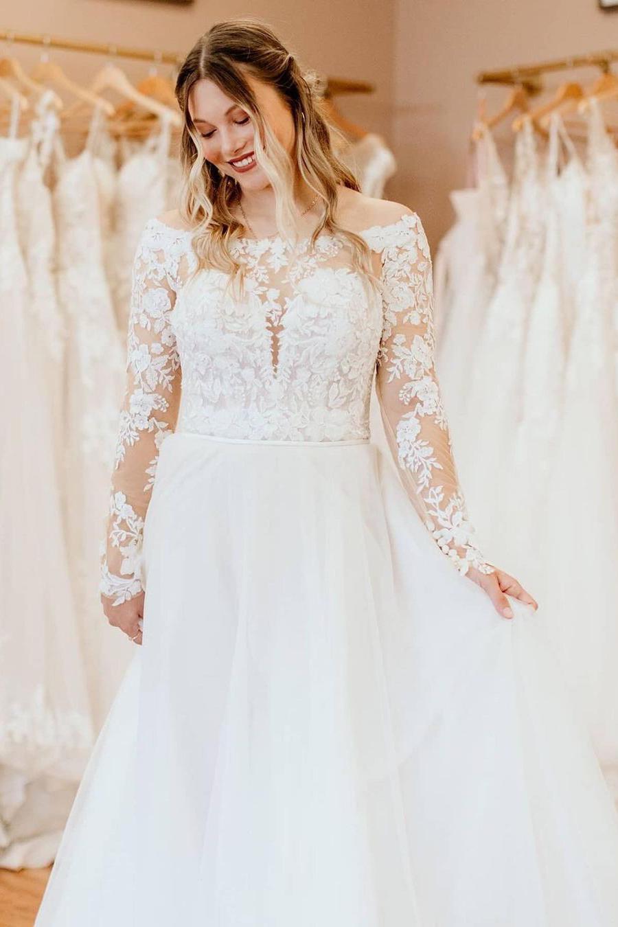 Simple A-Line Wedding Dress with Long Sleeves and Off-the-Shoulder Tulle & Lace-BallBride