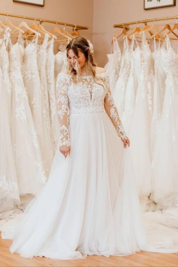Simple A-Line Wedding Dress with Long Sleeves and Off-the-Shoulder Tulle & Lace-BallBride