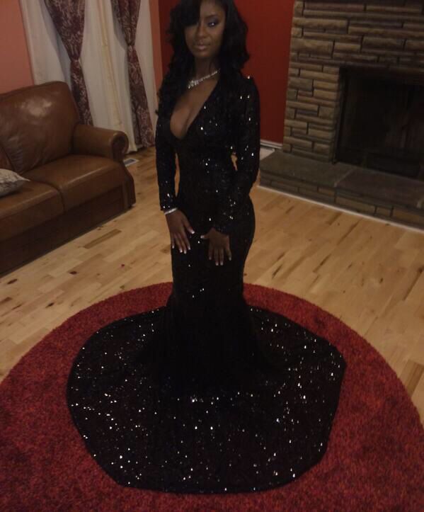 Simple Black Sequins Long Sleeve Mermaid Prom Dress-BallBride
