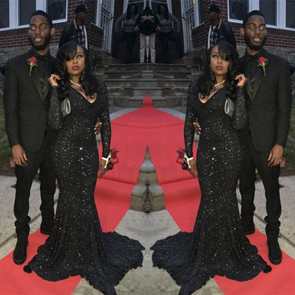 Simple Black Sequins Long Sleeve Mermaid Prom Dress-BallBride