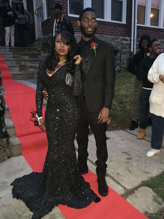 Simple Black Sequins Long Sleeve Mermaid Prom Dress-BallBride