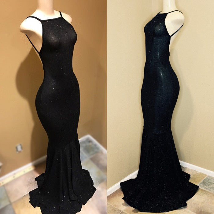 Simple Black Spaghetti Straps Backless Chic Prom Dresses-BallBride
