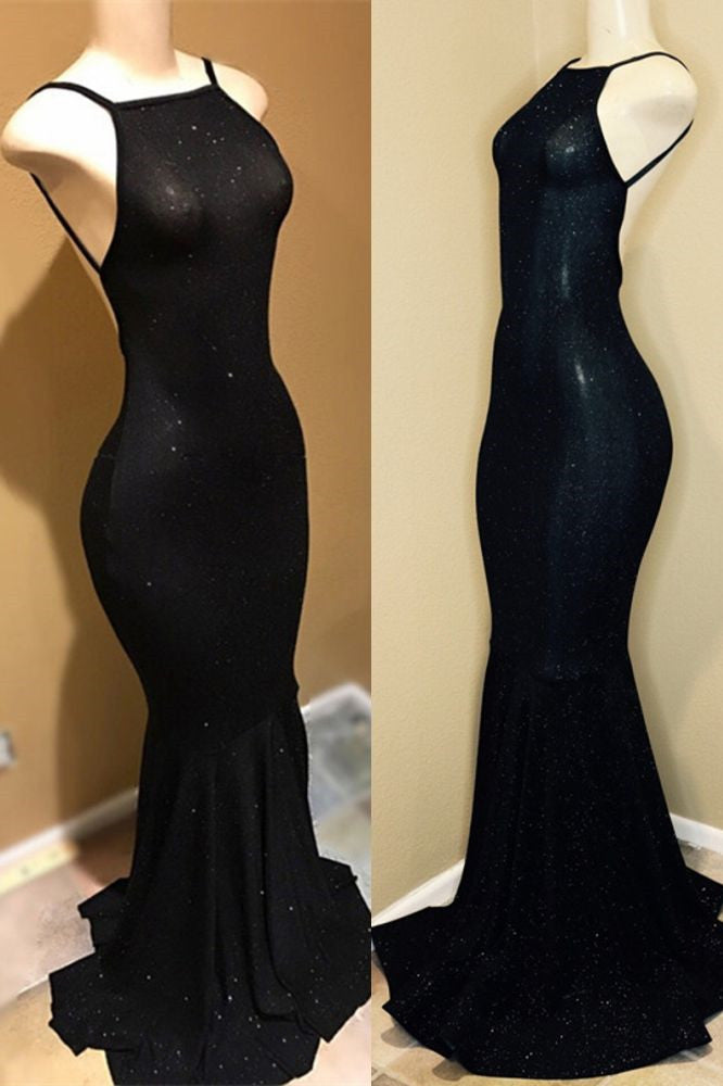 Simple Black Spaghetti Straps Backless Chic Prom Dresses-BallBride