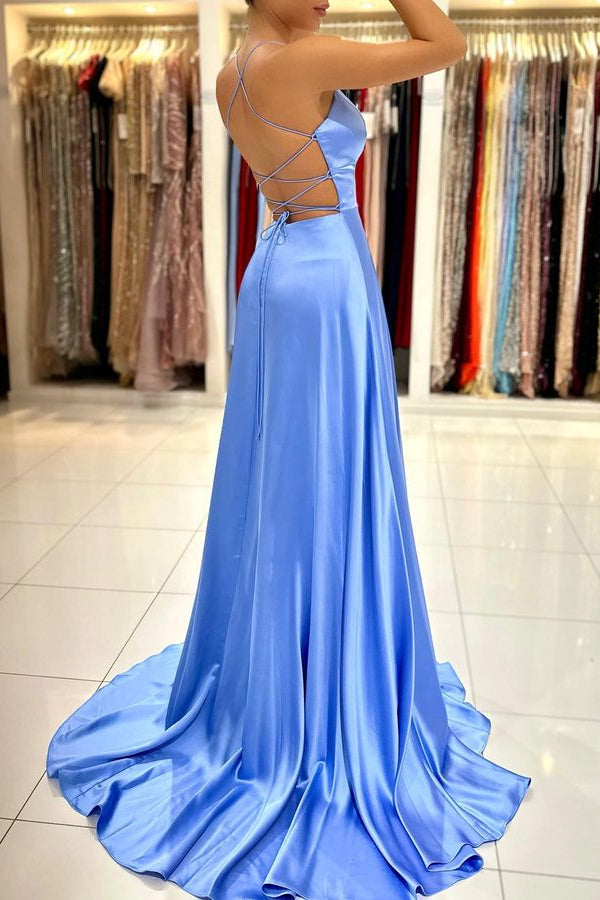 Simple Blue A Line Prom Dress with Spaghetti-Straps-BallBride