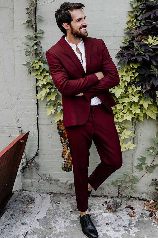 Simple Burgundy Reception Suit With Peaked Lapel for Groom-BallBride