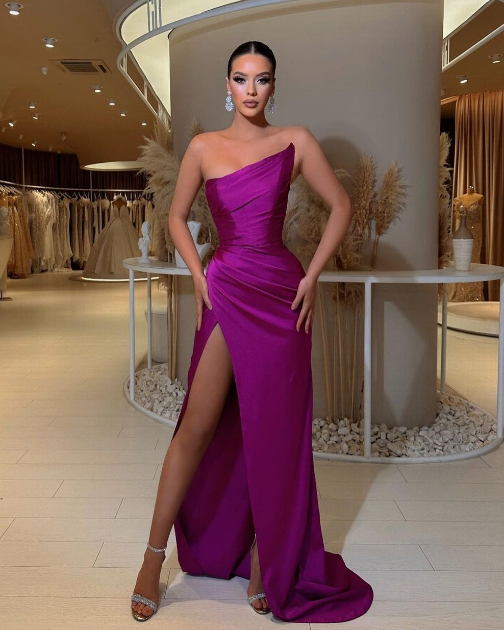 Simple Column Prom Dress with Split - Strapless & Sleeveless Stain-BallBride