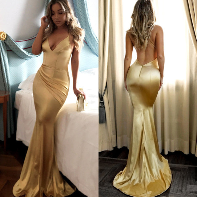 Simple Gold Spaghetti Straps Ruffles Backless Prom Dress-BallBride