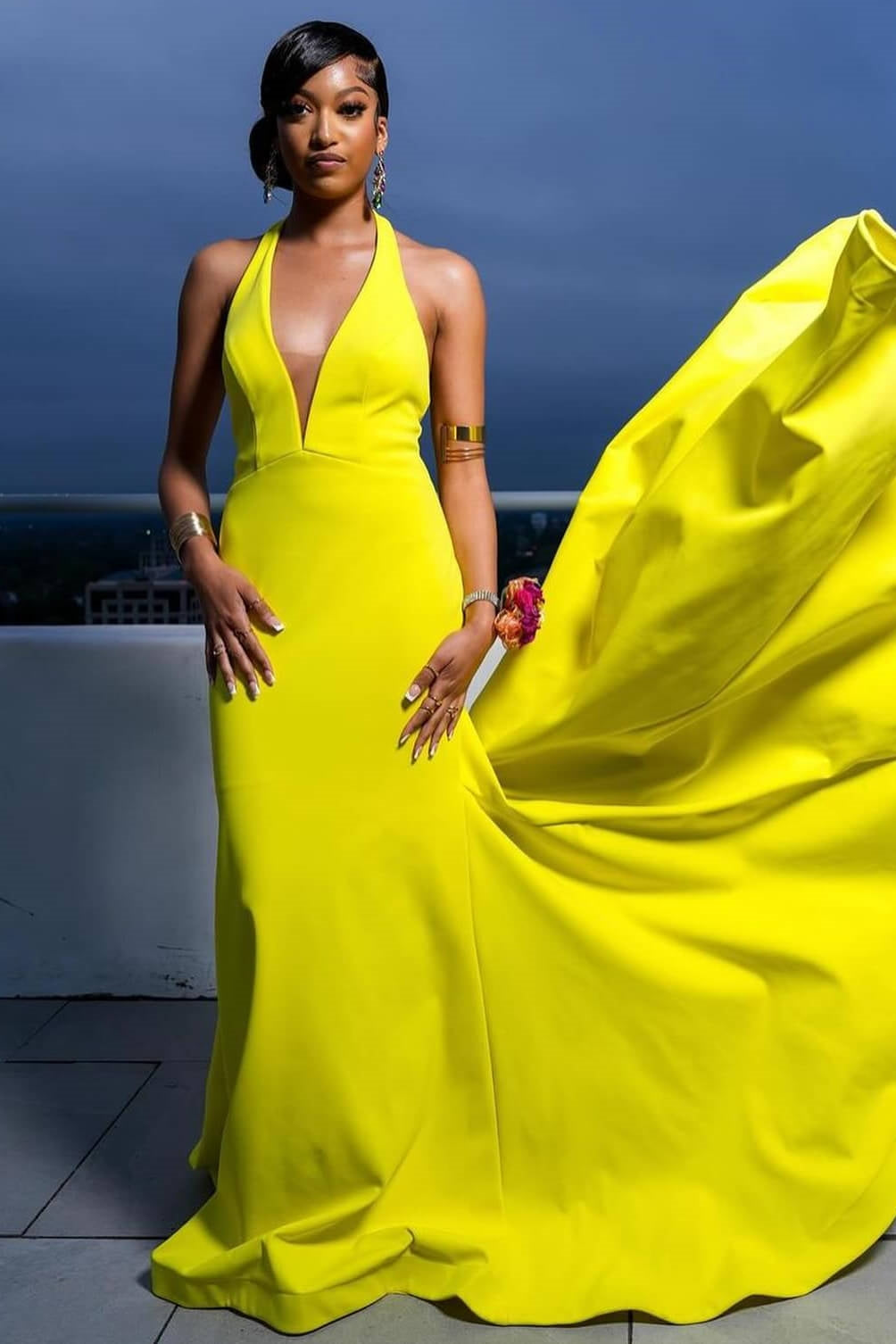 Simple Hot Yellow V-Neck Sleeveless Sheath Prom Dress-BallBride