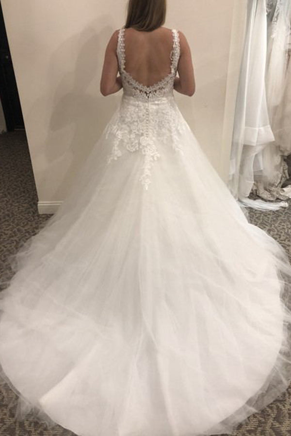 Simple Lace Tulle Backless A-Line Wedding Dress With V-Neck-BallBride