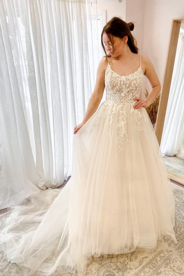 Simple Long A-line Halter Tulle Wedding Dress With Lace-BallBride