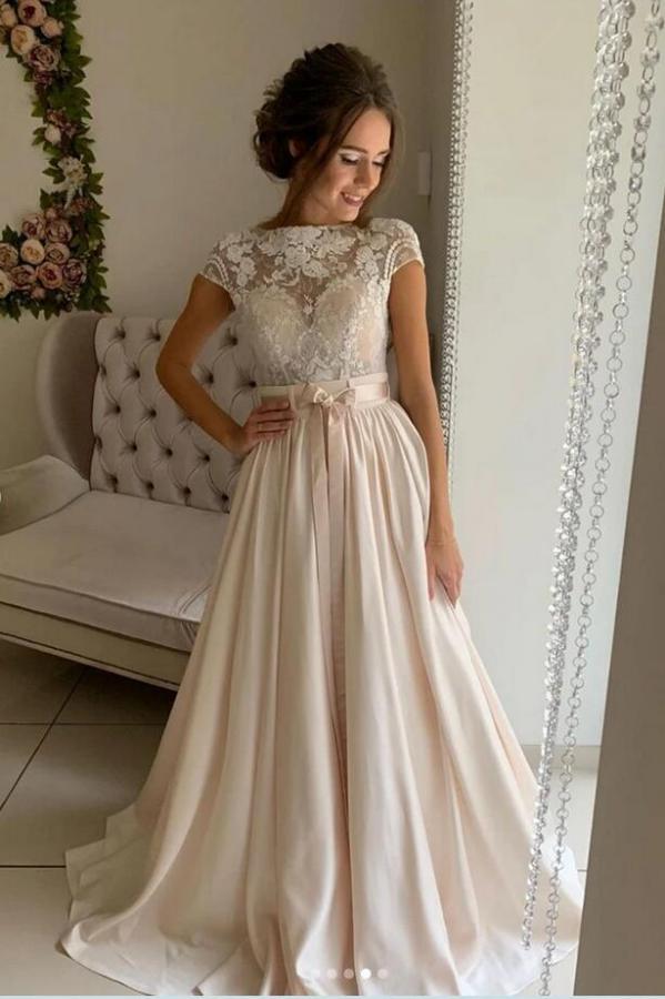 Simple Long A-line Jewel Stretch Satin Lace Wedding Dress-BallBride
