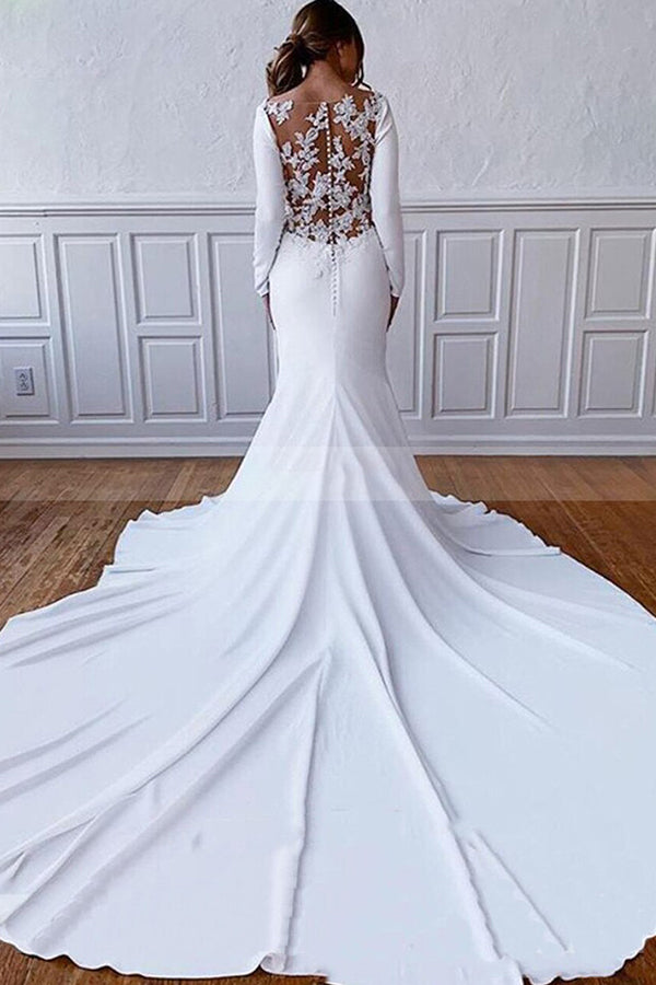 Simple Long Sleeve Illusion Lace Back Sheath Wedding Dress with Appliques-BallBride