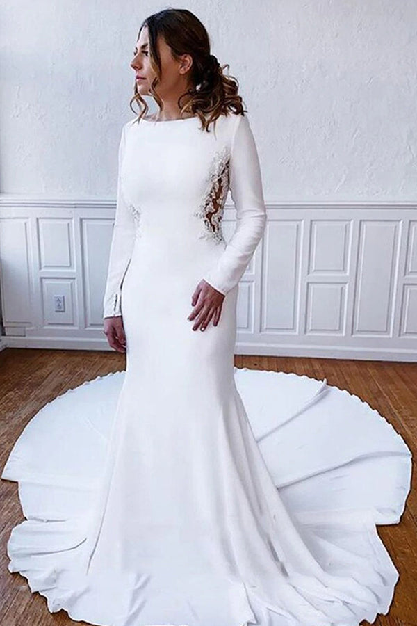 Simple Long Sleeve Illusion Lace Back Sheath Wedding Dress with Appliques-BallBride