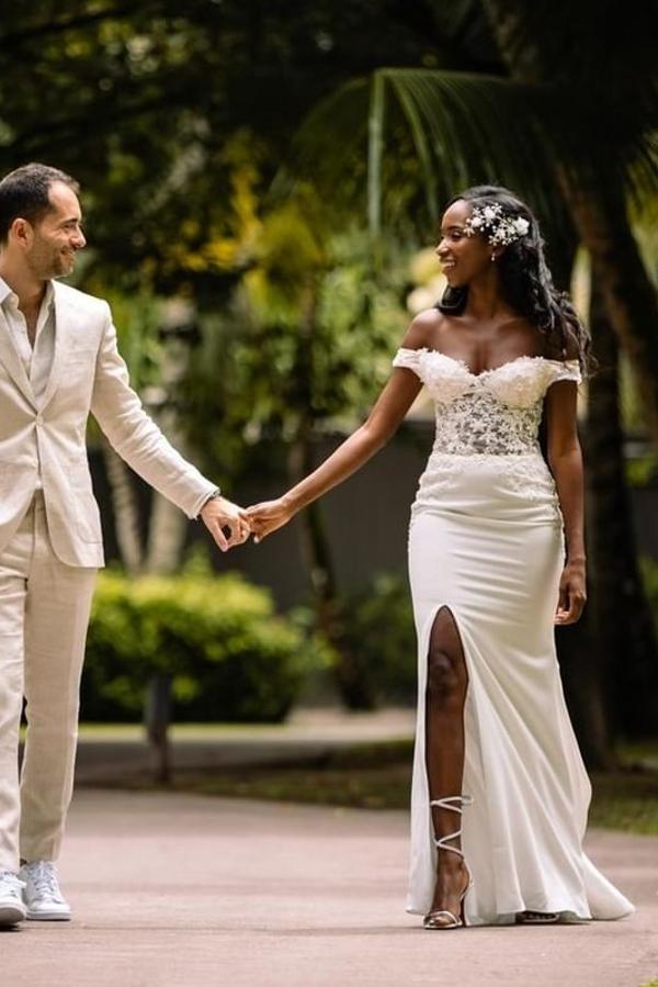 Simple Mermaid Sweetheart Off-the-Shoulder Long Wedding Dress with Slit-BallBride