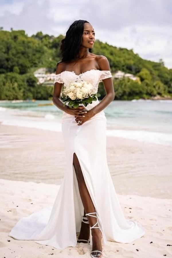 Simple Mermaid Sweetheart Off-the-Shoulder Long Wedding Dress with Slit-BallBride