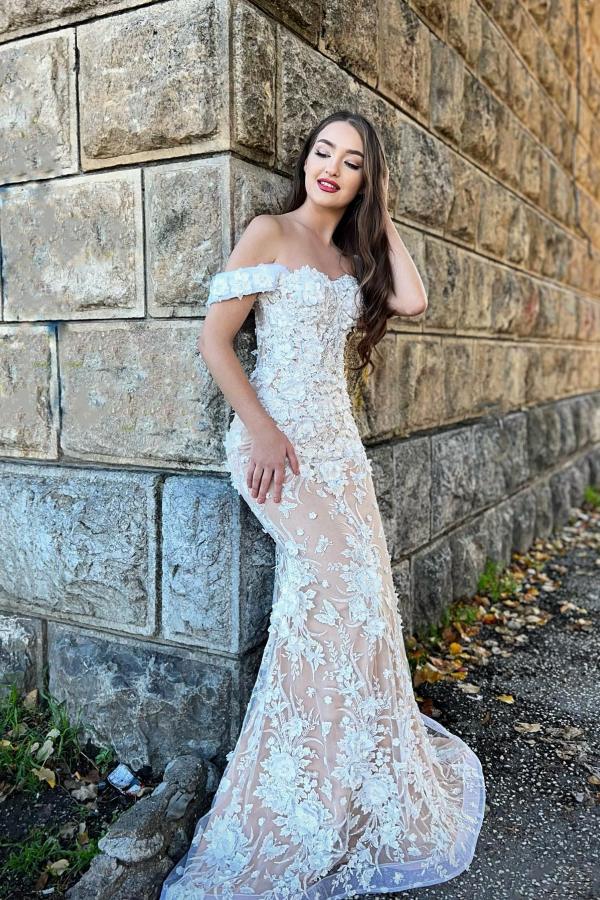Simple Off The Shoulder Mermaid Lace Floor Length Prom Dress-BallBride