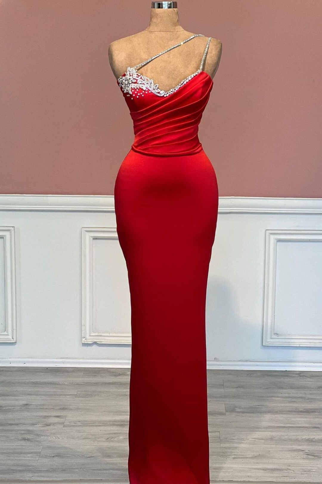 Simple One Shoulder Sleeveless Long Mermaid Prom Dress with Beads-BallBride