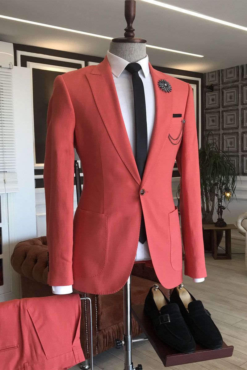 Simple Red Peaked Lapel Blazer Suit With 2 Flaps for Marriage-BallBride