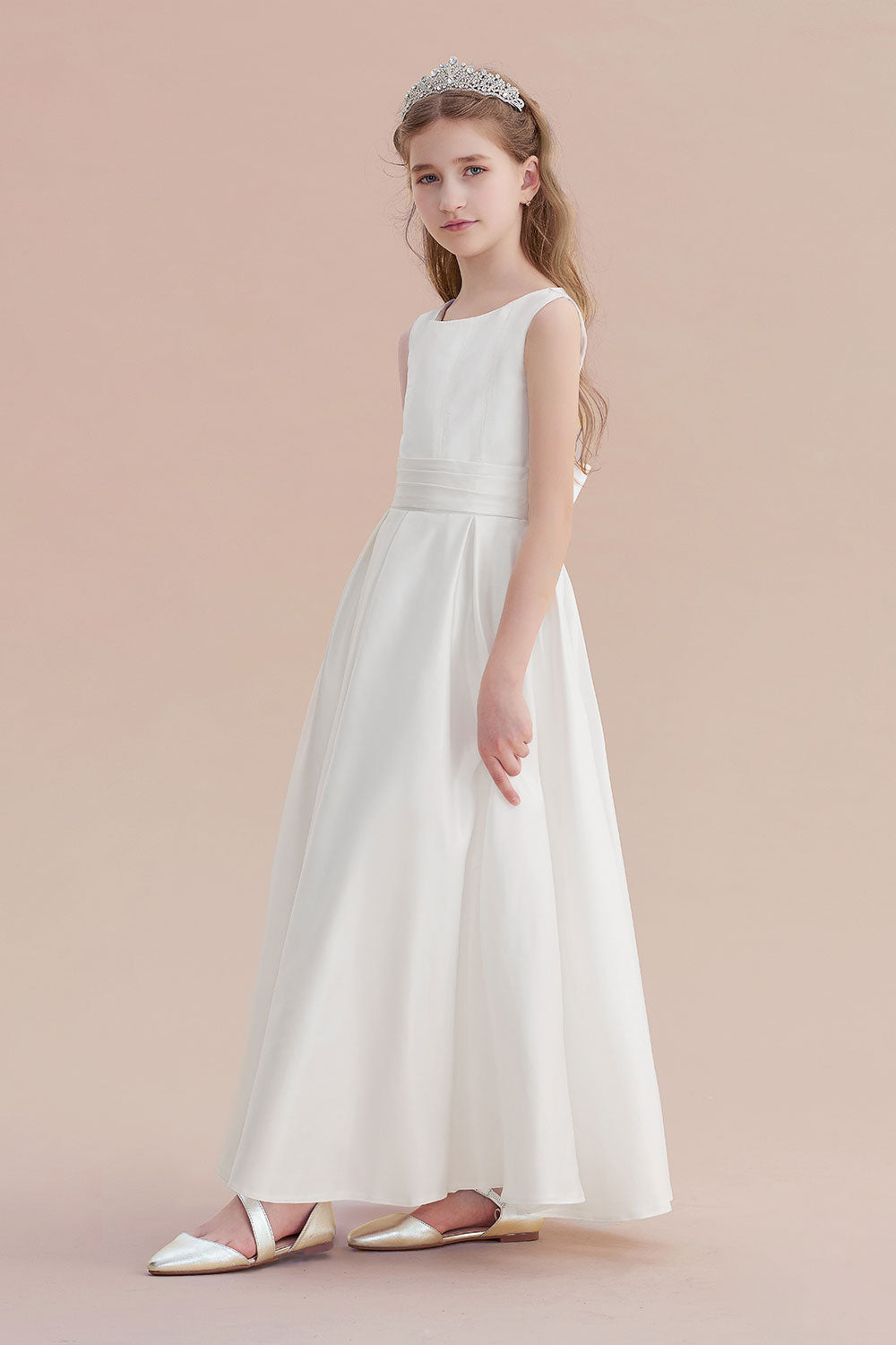 Simple Sleeveless Jewel A-line Flower Girl Dress with Handmade Flowers-BallBride