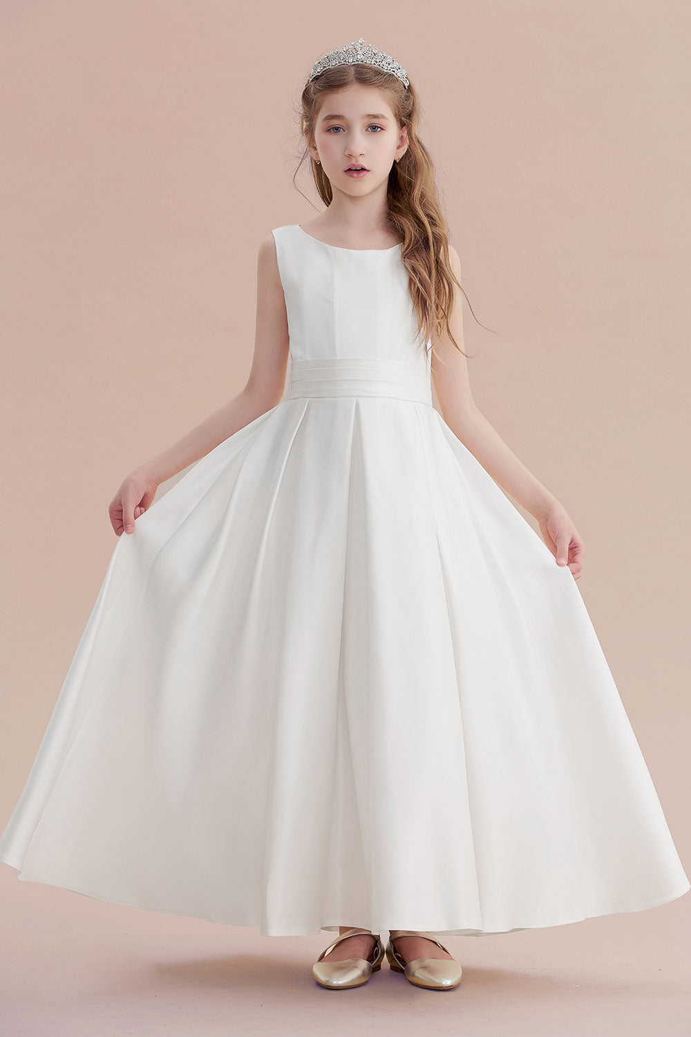 Simple Sleeveless Jewel A-line Flower Girl Dress with Handmade Flowers-BallBride