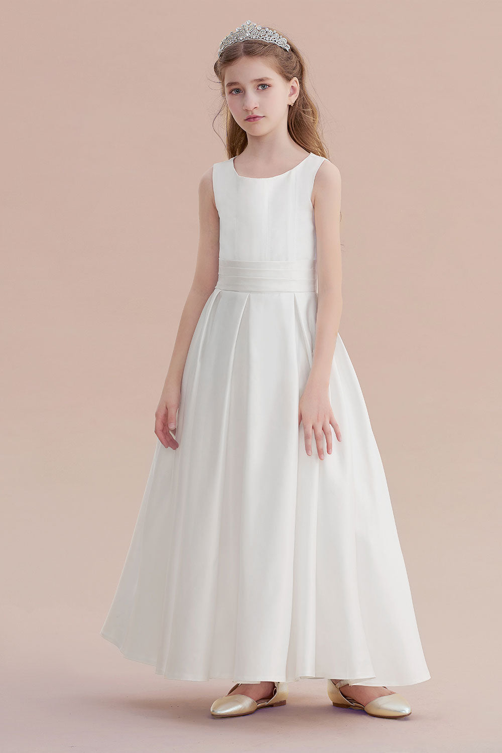 Simple Sleeveless Jewel A-line Flower Girl Dress with Handmade Flowers-BallBride