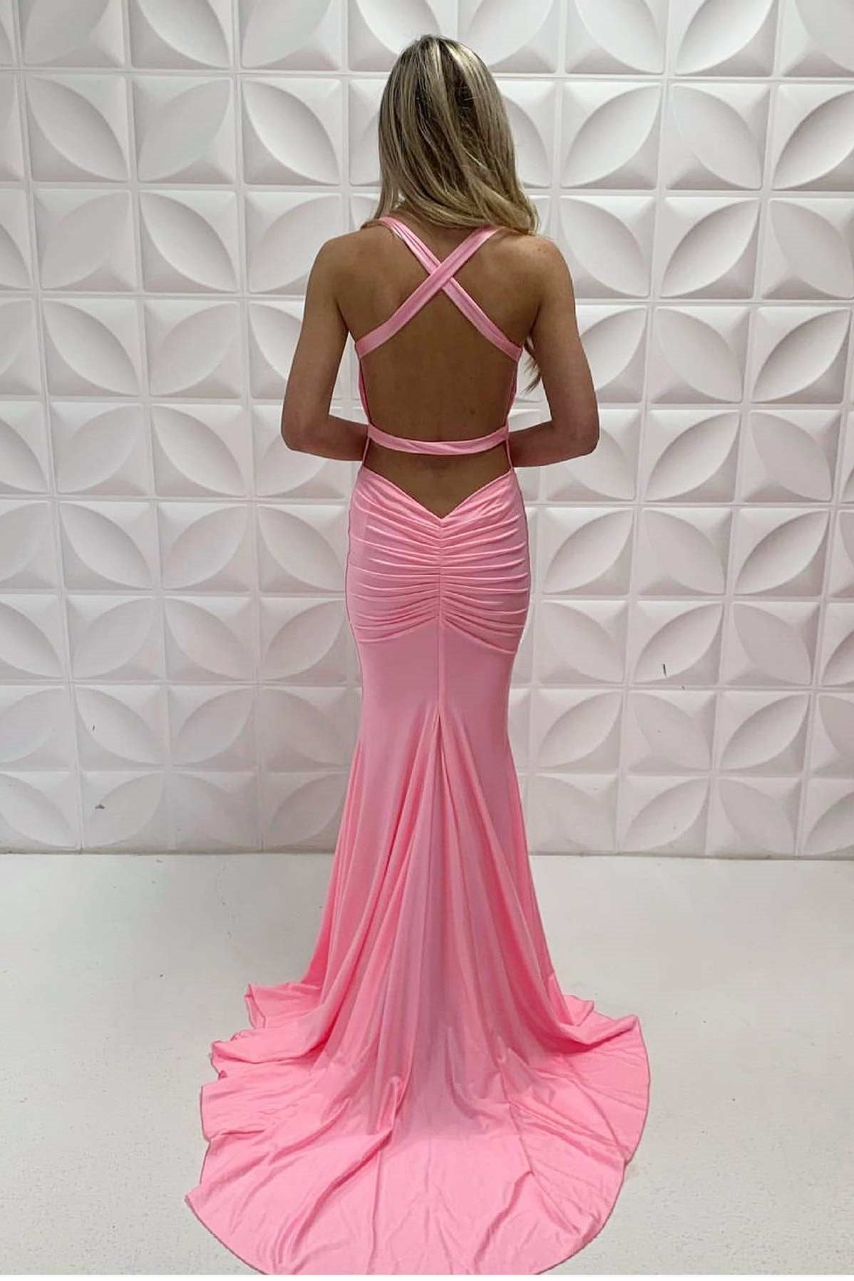 Simple Spaghetti Straps V-Neck Backless Long Satin Prom Dress-BallBride