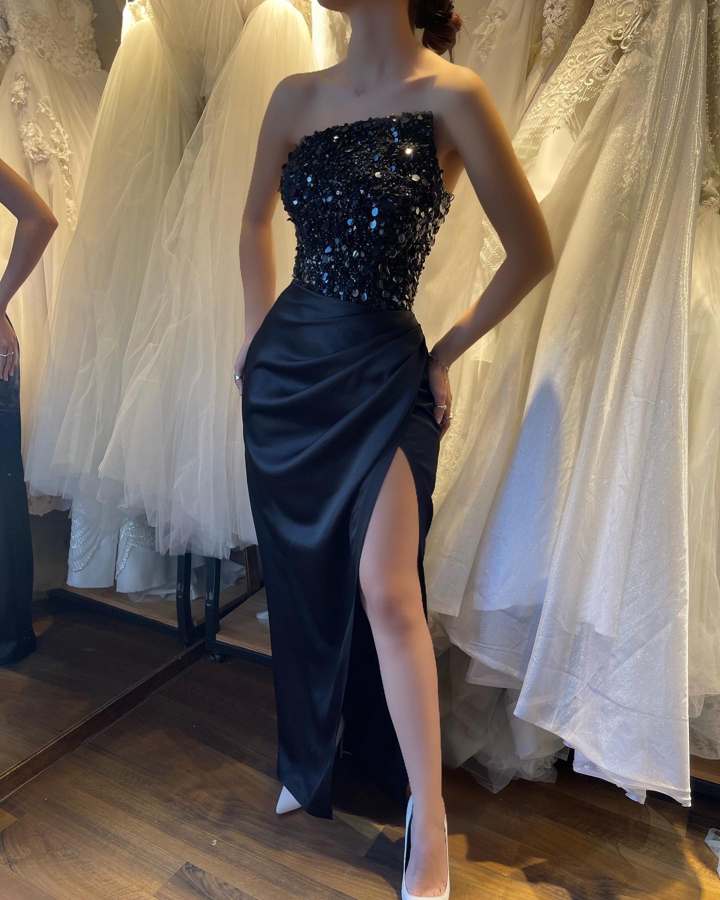Simple Split Front Strapless Mermaid Satin Draped Long Prom Dress with Beads-BallBride