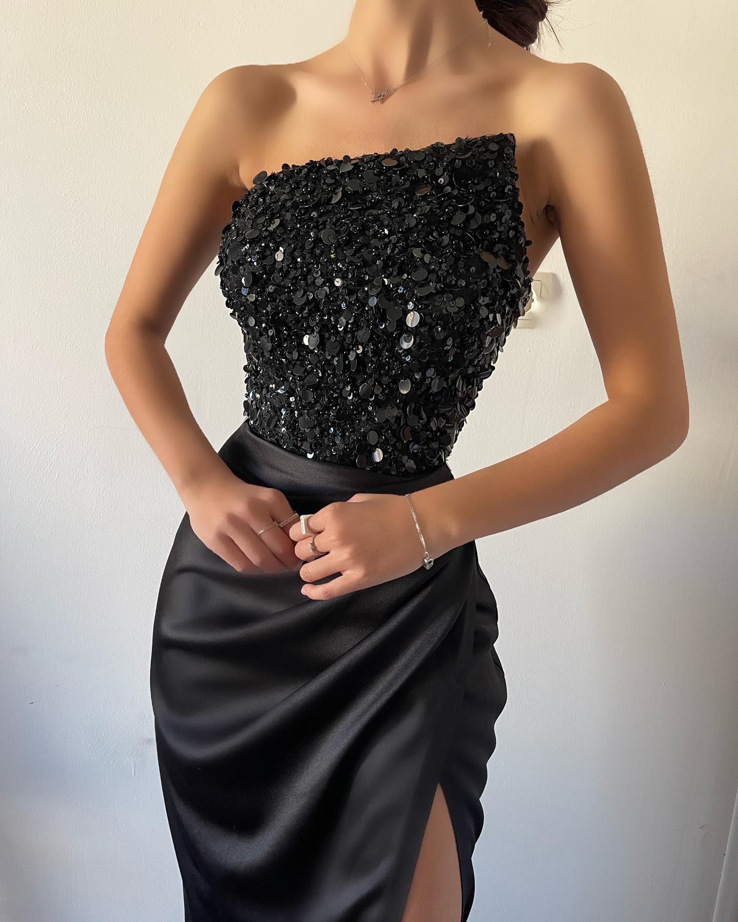 Simple Split Front Strapless Mermaid Satin Draped Long Prom Dress with Beads-BallBride