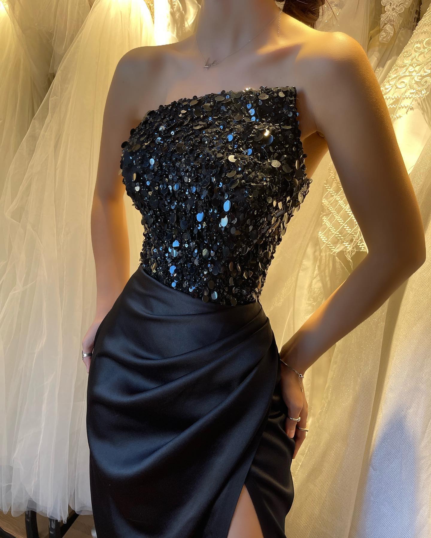 Simple Split Front Strapless Mermaid Satin Draped Long Prom Dress with Beads-BallBride