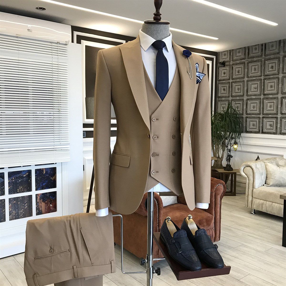 Simple & Stylish 3-Piece Brown Wedding Suit with Peaked Lapel-BallBride