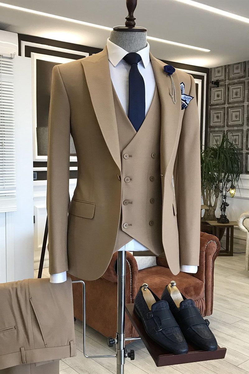 Simple & Stylish 3-Piece Brown Wedding Suit with Peaked Lapel-BallBride