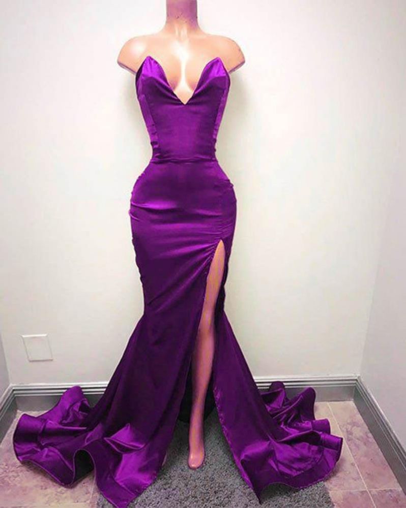 Simple Sweetheart Mermaid Sleeveless Side Slit Simple Prom Dress-BallBride