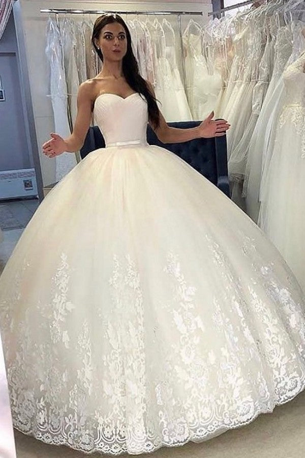 Simple Sweetheart Princess Wedding Dress with Appliques Lace Tulle-BallBride