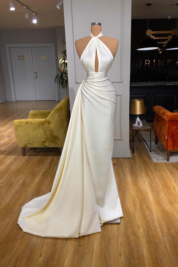 Simple White Halter Sheath Ruffles Prom Dress-BallBride