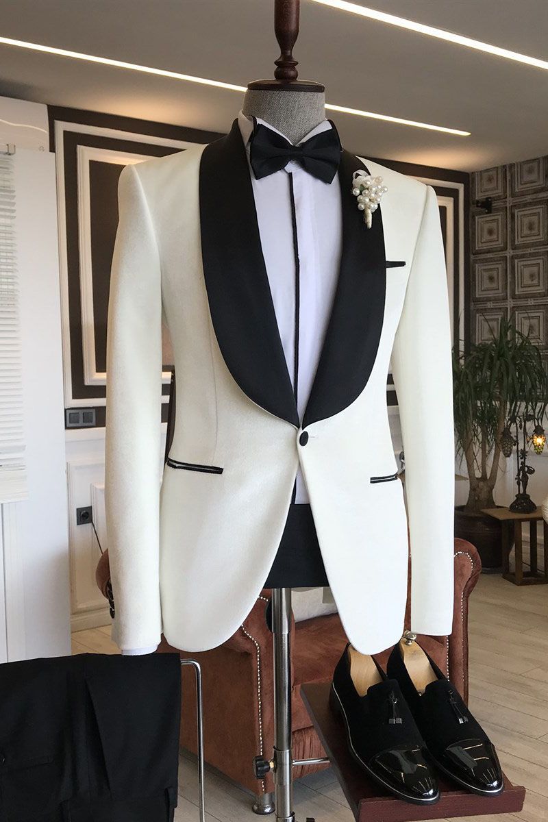 Simple White Lapel Shawl Suit for Grooms by Michael-BallBride