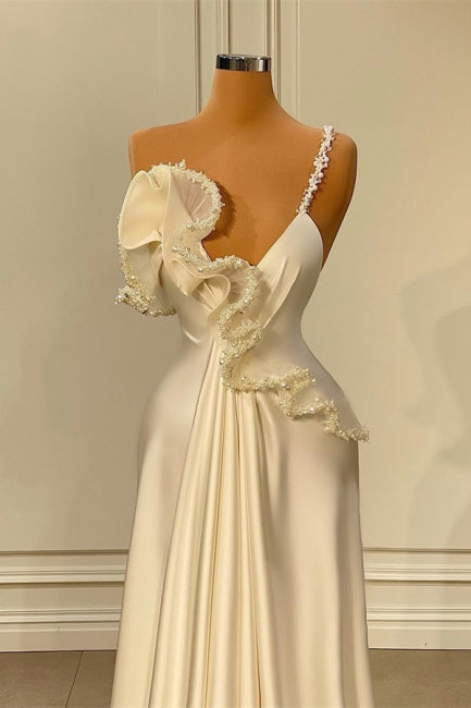 Simple White Soft Satin One-Shoulder Ruffles Prom Dress-BallBride