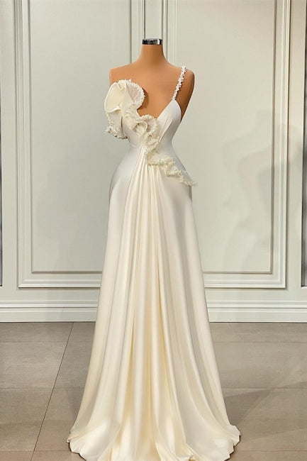 Simple White Soft Satin One-Shoulder Ruffles Prom Dress-BallBride