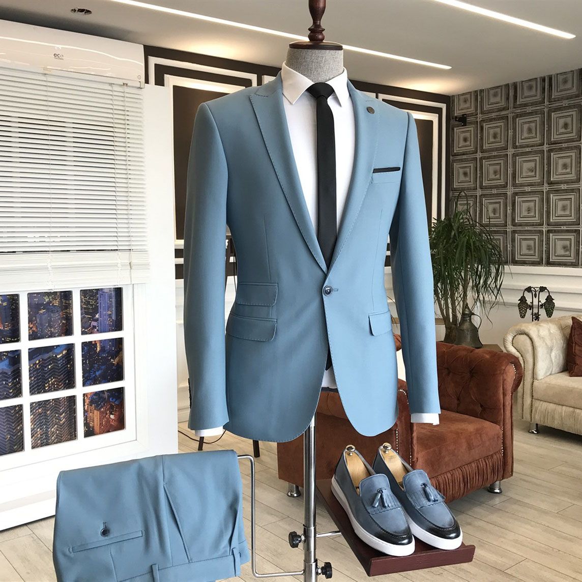 Sky Blue Cheap Wedding Suits with 3 Flaps & Peaked Lapel-BallBride