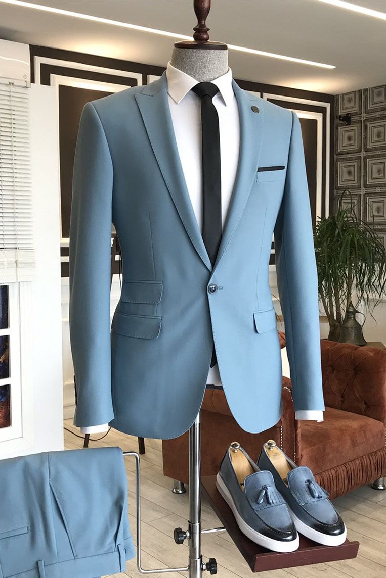 Sky Blue Cheap Wedding Suits with 3 Flaps & Peaked Lapel-BallBride