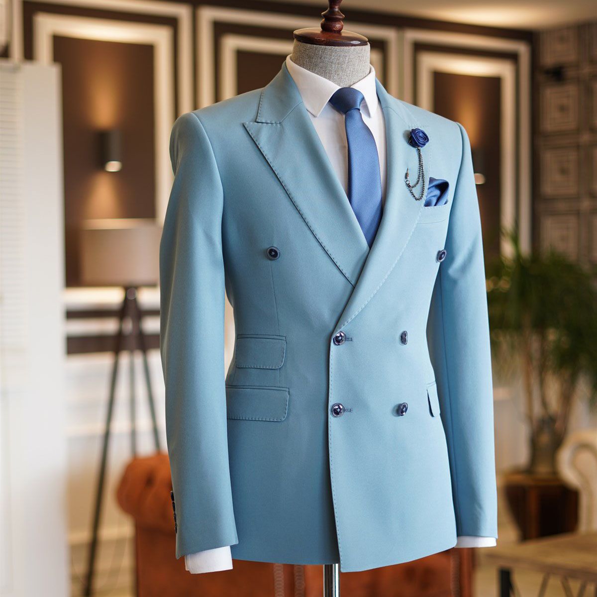 Sky Blue Double Breasted Groom Suit with Peaked Lapel-BallBride