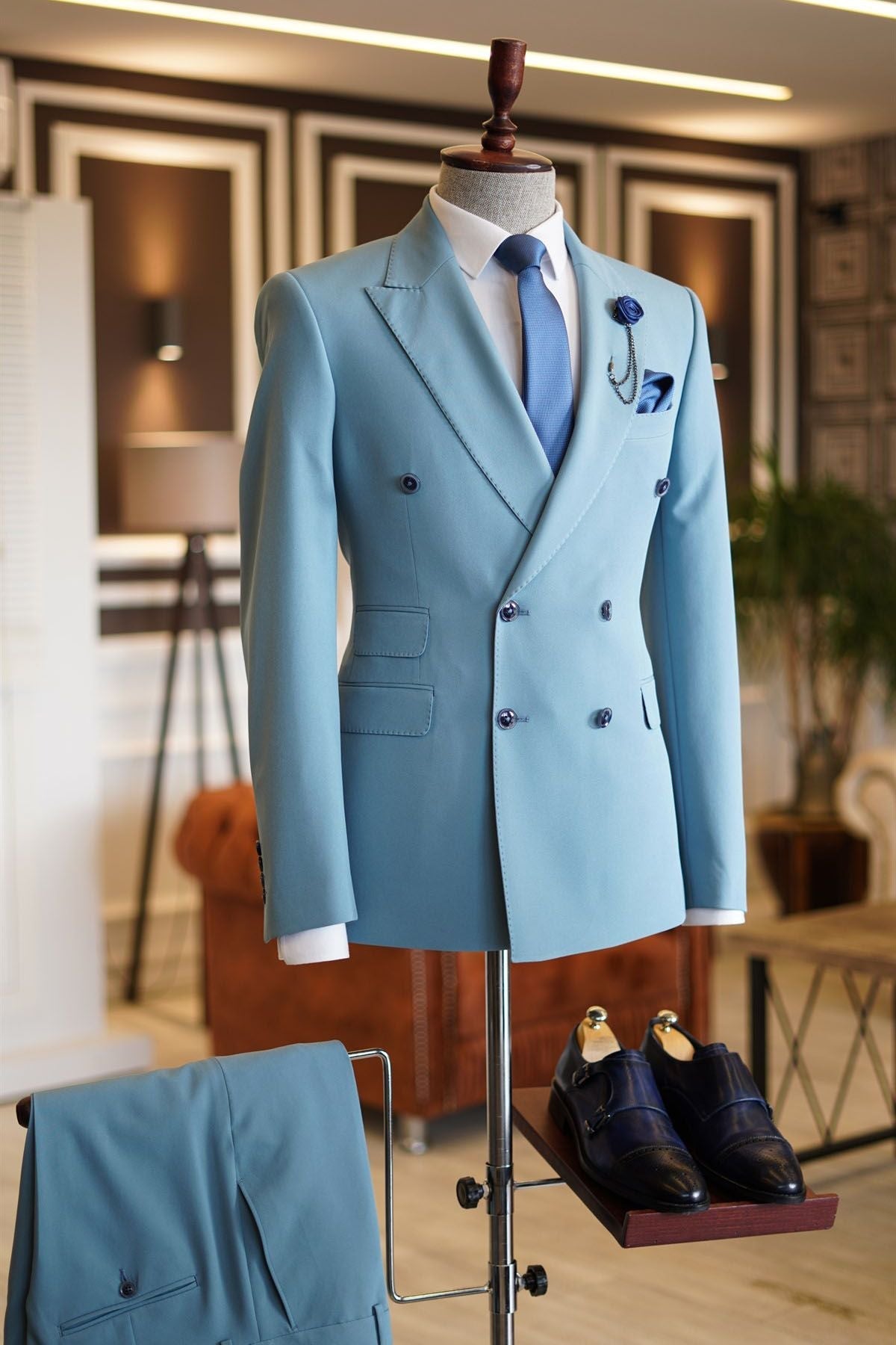 Sky Blue Double Breasted Groom Suit with Peaked Lapel-BallBride