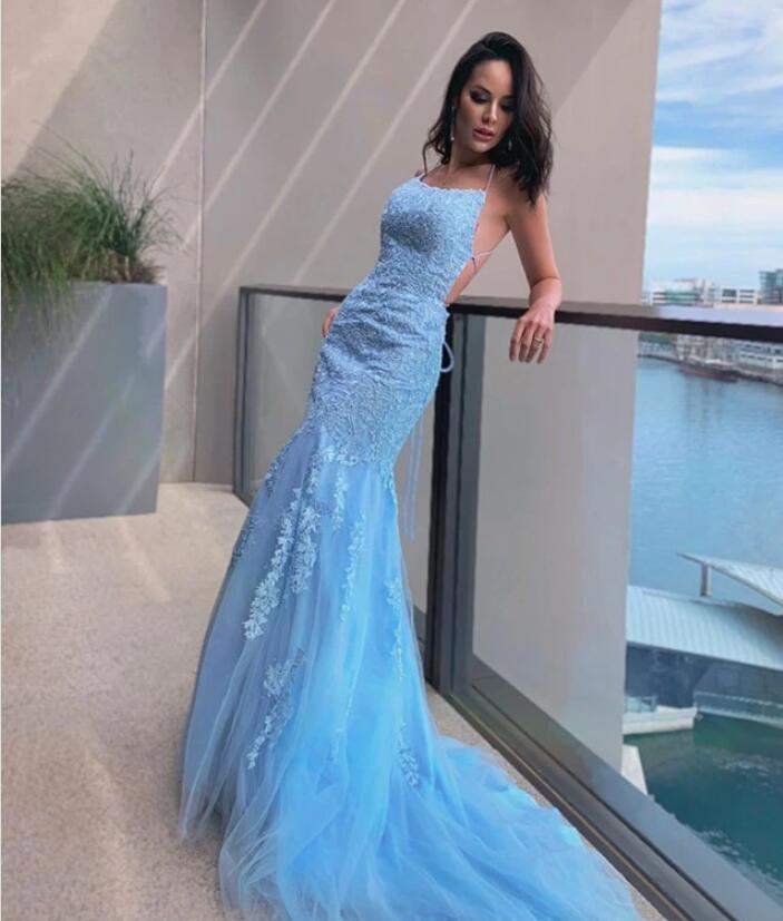Sky Blue Elegant Halter Mermaid Prom Dress with Lace Appliques-BallBride