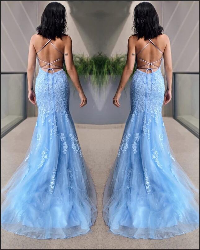 Sky Blue Elegant Halter Mermaid Prom Dress with Lace Appliques-BallBride