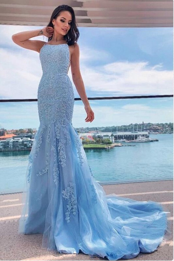 Sky Blue Elegant Halter Mermaid Prom Dress with Lace Appliques-BallBride