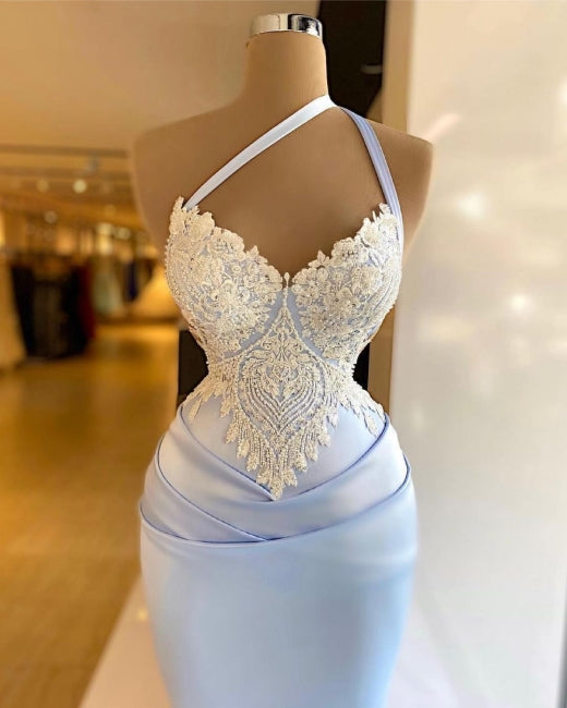 Sky Blue Mermaid One Shoulder Appliques Soft Satin Prom Dress-BallBride
