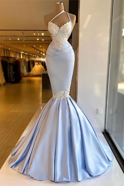 Sky Blue Mermaid One Shoulder Appliques Soft Satin Prom Dress-BallBride
