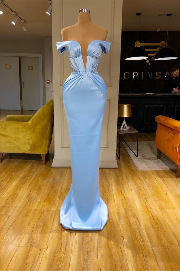 Sky Blue Mermaid V-Neck Off-The-Shoulder Prom Dress Online-BallBride