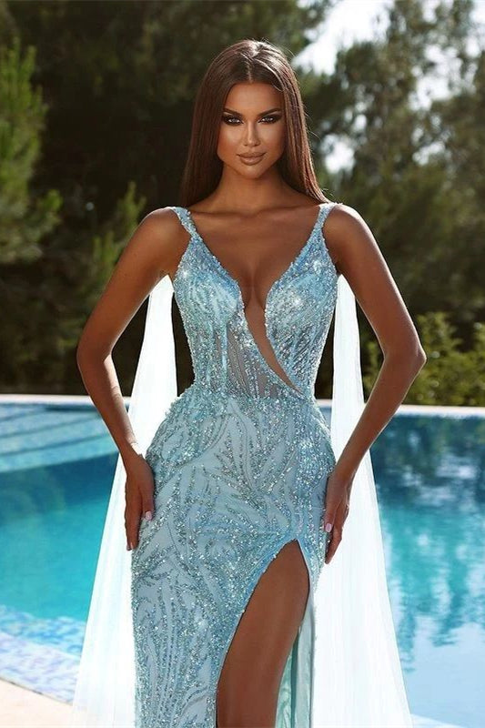 Sky Blue Mermaid V-Neck Prom Dress with Spaghetti-Strap Beadings and Sequins Split-BallBride